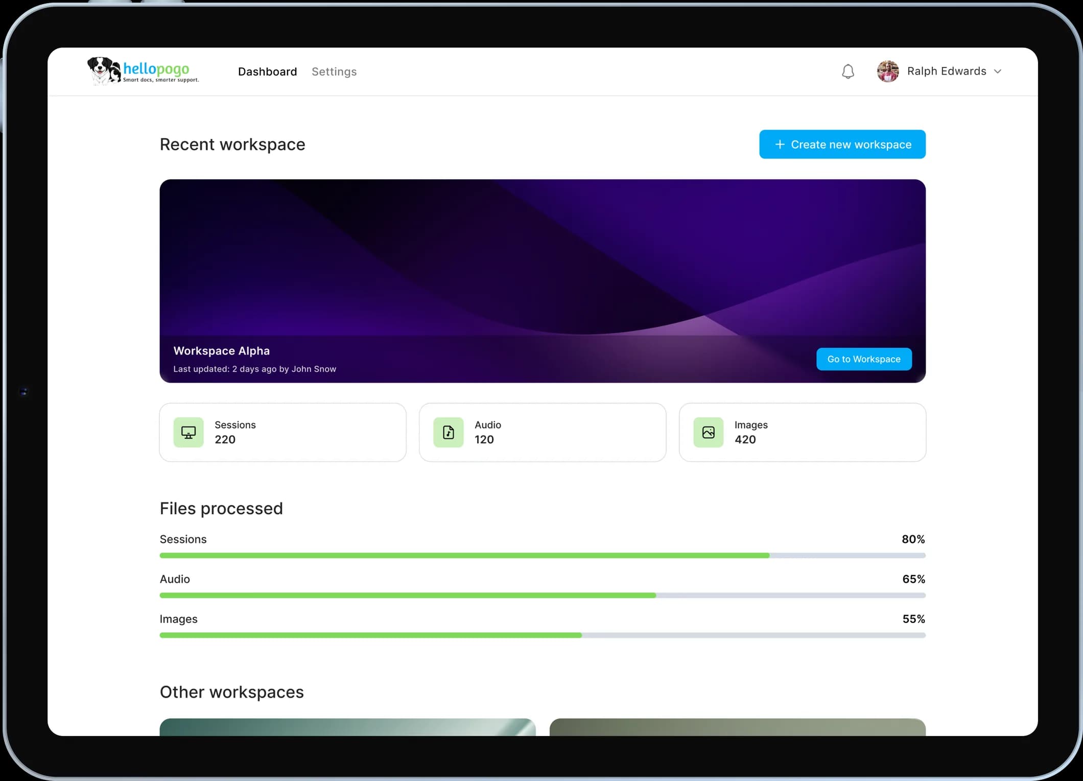 The Pogo dashboard showing a workspace and its processed documentation sessions